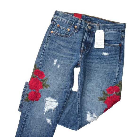 NWT Levi's 501 Taper Custom Blues Rose Embroidered Destroyed Boyfriend Jeans 24 - Picture 2 of 11
